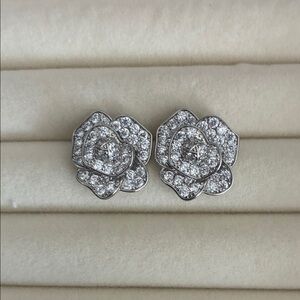 Crystal Pavé Floral Stud Earrings - Silver Tone